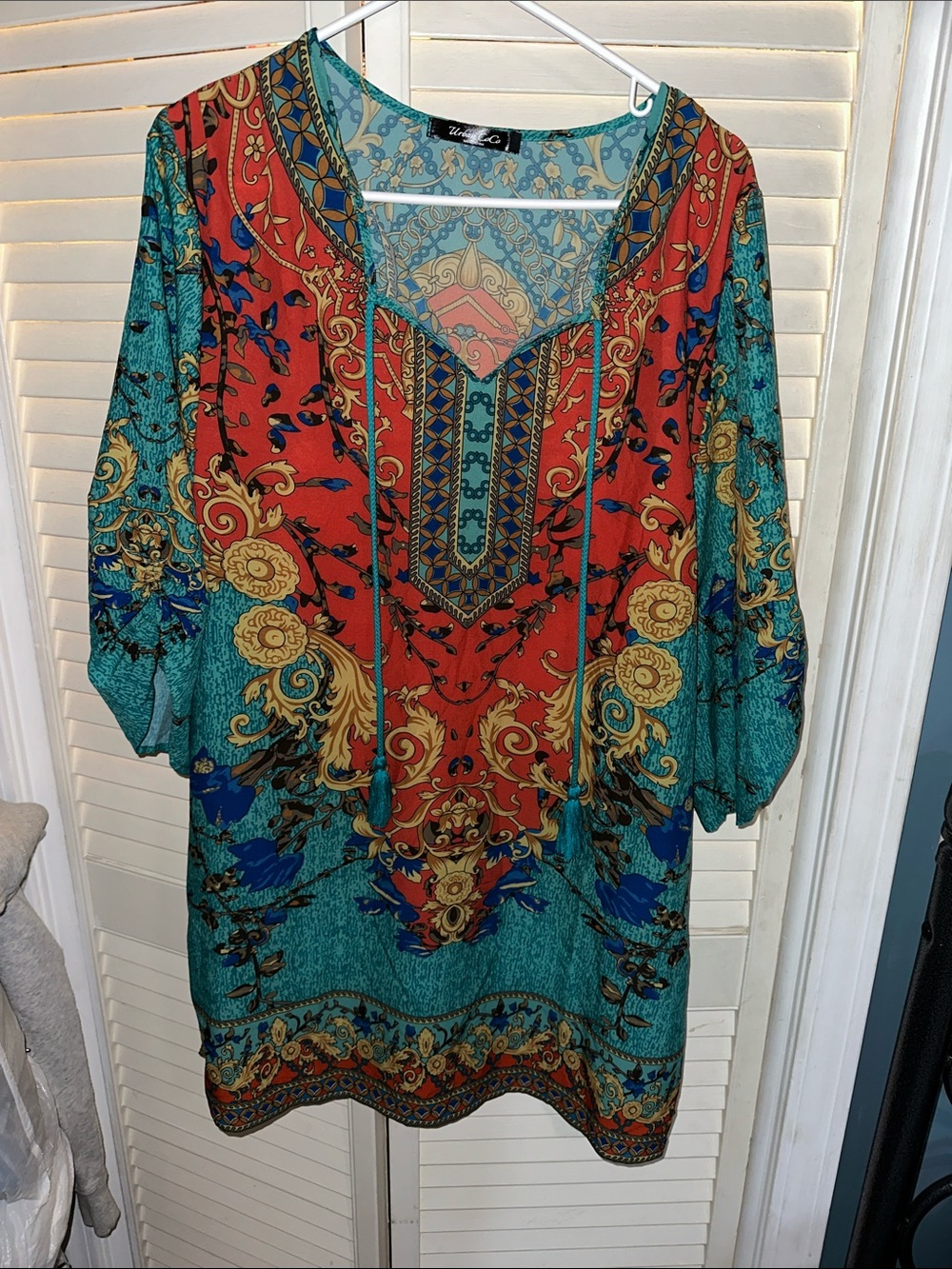 Women's Boho V-Neck Mini Dress in Teal & Red - Unbranded
